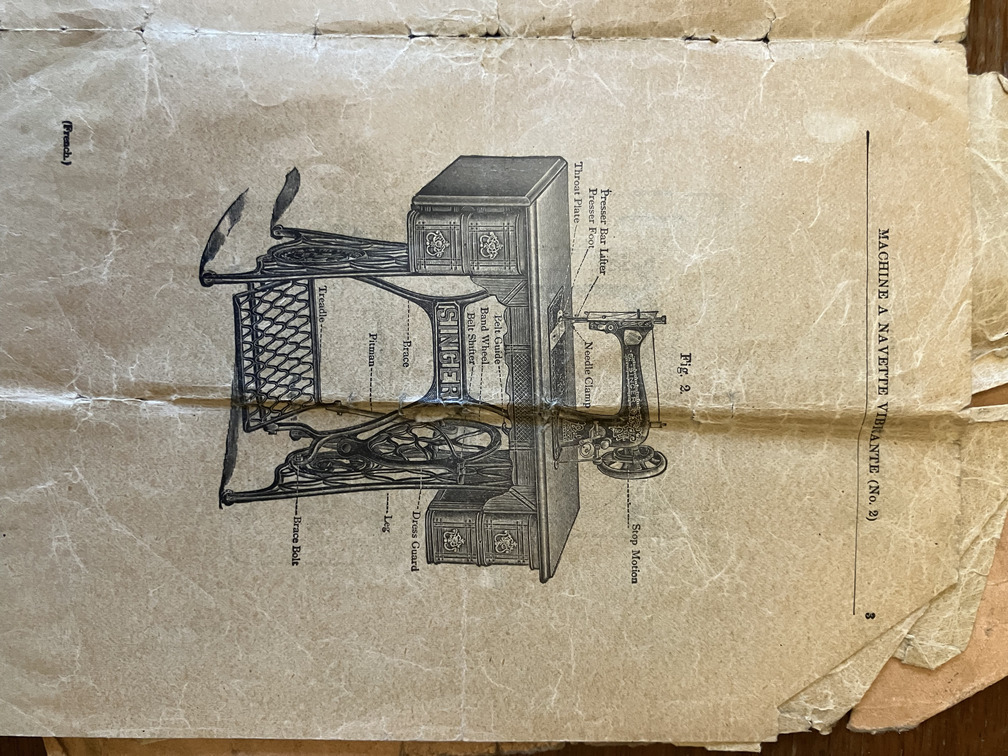 Illustrated machine in treadle cabinet with parts labeled